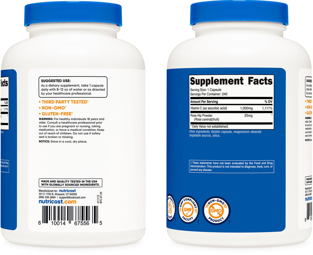 Nutricost Vitamin C with Rose HIPS 1025mg, 240 Capsules - Vitamin C 1,000mg, Rose HIPS 25mg, Premium, Non-GMO, Gluten Free Supplement