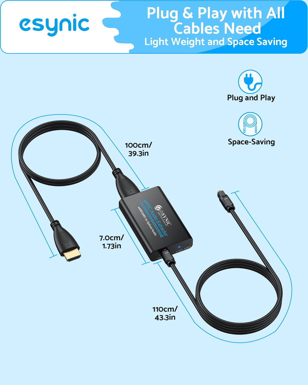 eSynic Professional eARC Audio Extractor-192KHz ARC to Optical Adapter-for HDTV ARC/eARC Ports to Optical Soundbar-Ultra Long 7ft Cable-Easy to Setup-Support PCM 2.0/Dolby 5.1/DTS 5.1 Audio Formats