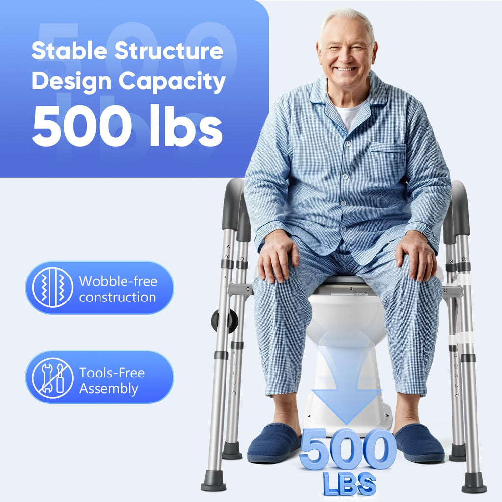 Raised Toilet Seat with Handles, Toilet Seat Riser for Seniors with Adjustable Height & Width, Cozy Padded 500lb Handicap Toilet Seat for Elderly, Surgery, Pregnant, Fit Any Toilet, Assist Getting Up