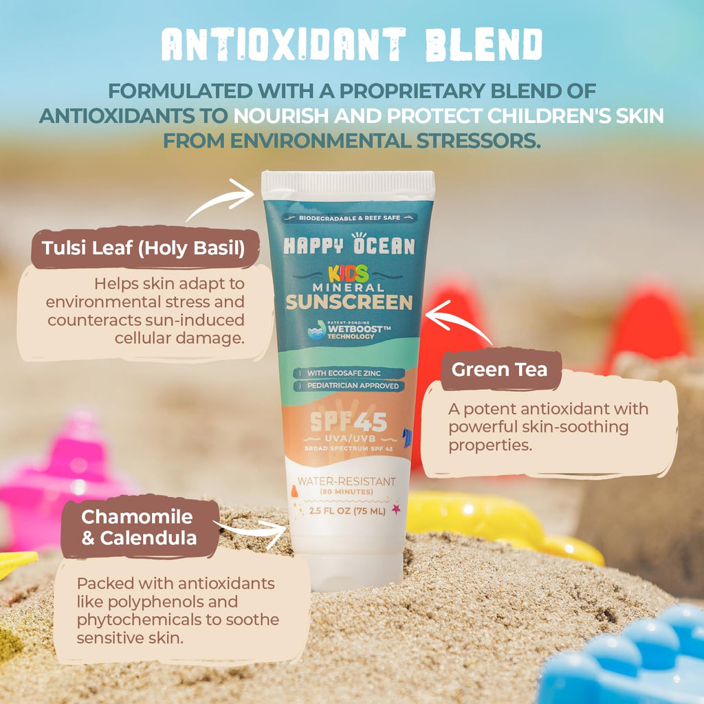Happy Ocean SPF 45 Reef Safe Mineral Sunscreen for Kids & Sensitive Skin with Non-Nano Zinc Oxide, Non Toxic Kids Sunscreen for Face & Body, Natural Organic Sunblock, Travel Size, Vegan 2.5 Fl Oz