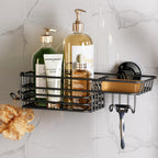 TAILI Shower Caddy Suction Cup with Hooks and Soap holder, Heavy Duty Bathroom Shower Organizer, No Drilling Bathroom Holder with Large Capacity, Metal Black Storage Basket