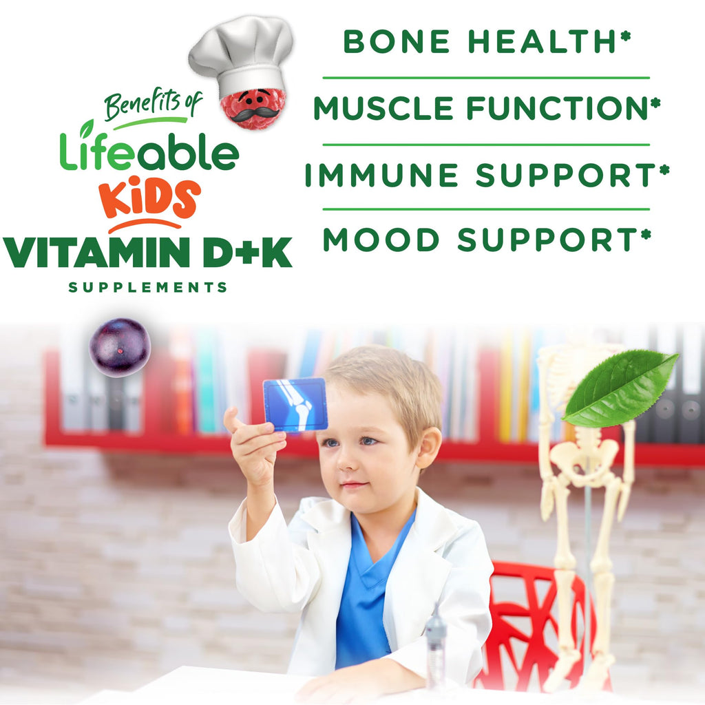 Lifeable Kids Vitamin D3 K2 Gummies | 500iu D3 and K2 100mcg | Great Tasting D3 and K2 Supplements | for Bone Health and Immunity | VIT D3 K2 for Kids | 60 Gummies
