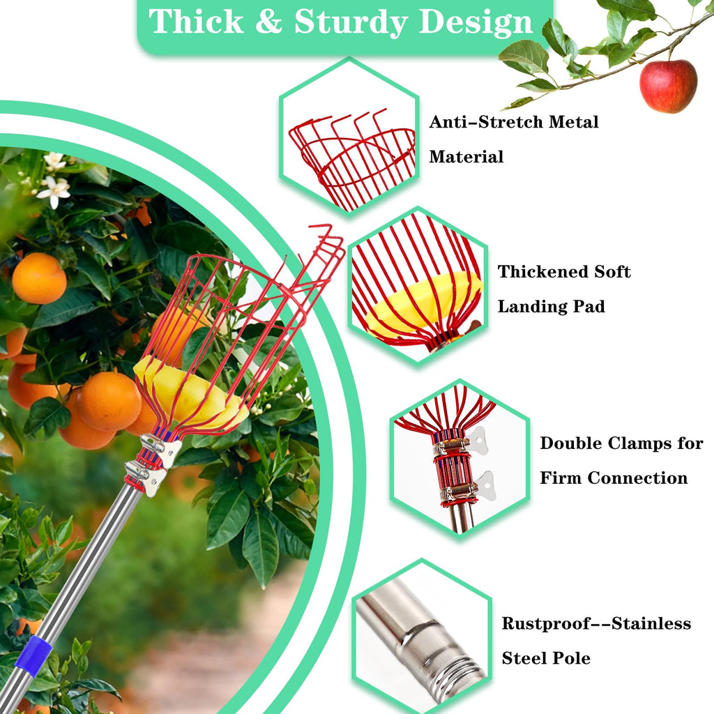 Qiullen 13 FT Extendable Fruit Picker Pole Tool Adjustable Long Handle Fruit Picker Metal Basket Fruit Grabber Tool with Protective Foam Pad Stainless Steel Garden Picker Tool for Apple Mango Lemon