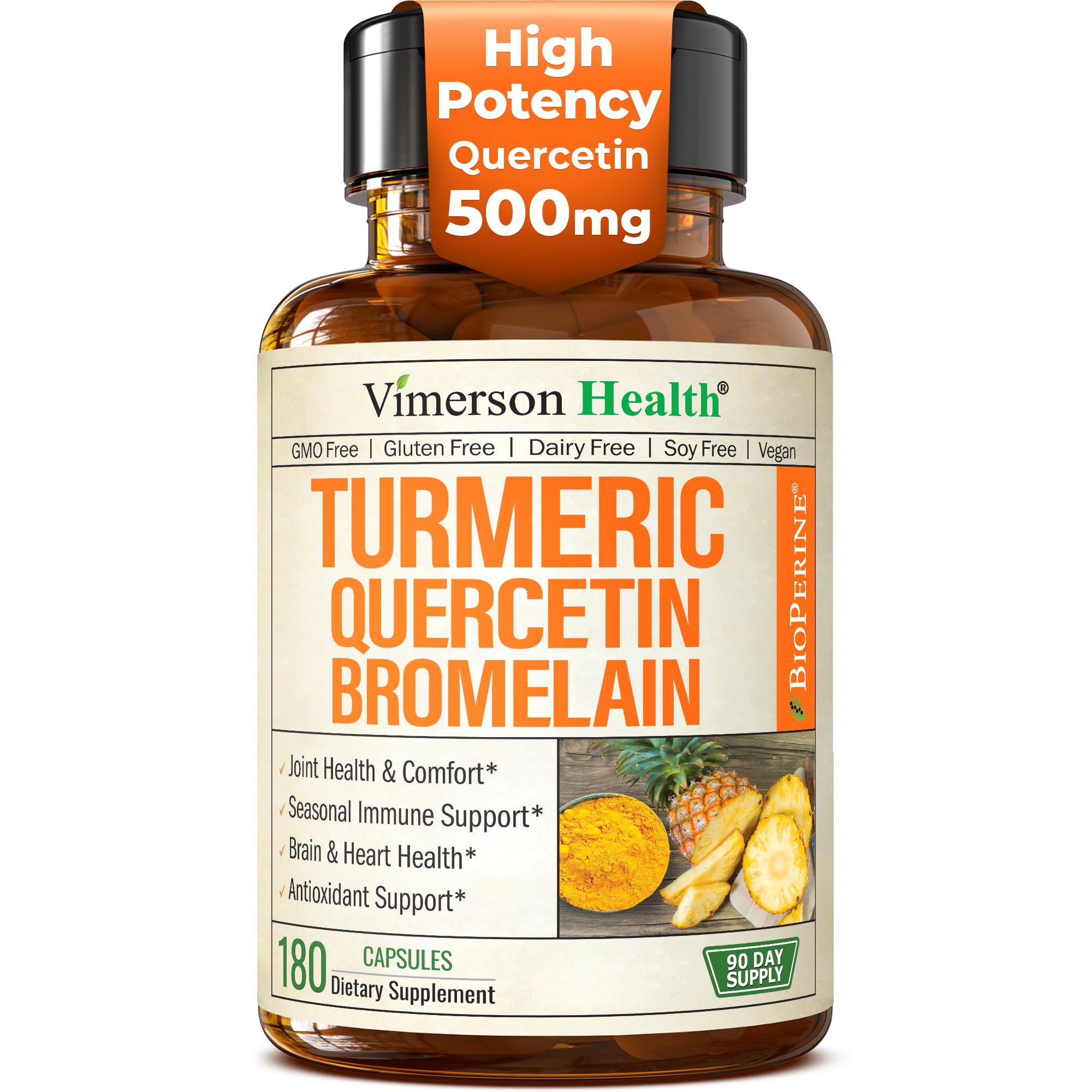 Quercetin with Bromelain Turmeric Curcumin Supplement – Allergy Relief, Immune & Joint Support – Organic Turmeric Supplement w/Bioperine for Enhanced Absorption, 180 Quercetin 500mg Capsules