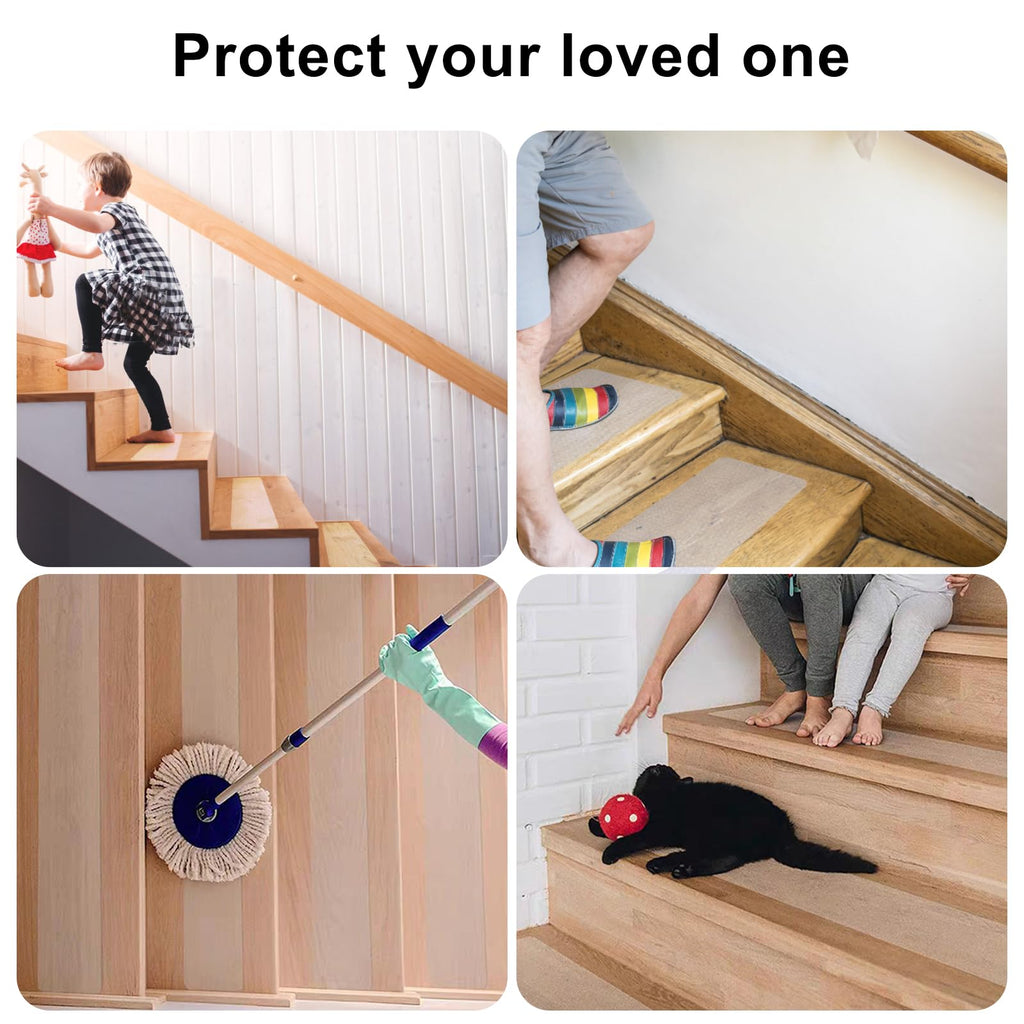 Clear Stair Treads Non Slip 15 Pack, Transparent Waterproof Anti Slip Strips for Wooden Steps Indoor, 4'' x 30'' Pre-Cut Grip Tape Safety for Elderly Children and Pets