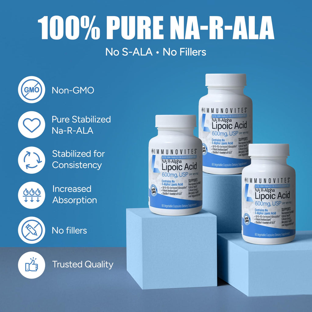 IMMUNOVITES 3-Pack Stabilized R-Alpha Lipoic Acid ((True)) 600mg per Serving [[High Potency & up to 40x Increased Absorption]] (Na R-ALA) (Na R-LA) (Na R-Lipoate) (3 Bottles)