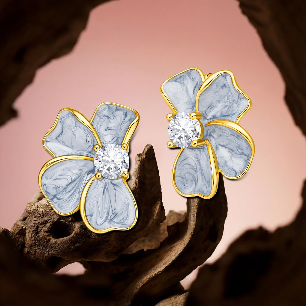 Cicy Bell Flower Stud Earrings for Women 18K Gold Plated 925 Sterling Silver Posts Cubic Zirconia Petal Statement Earrings Trendy Festival Vacation Jewelry Gifts