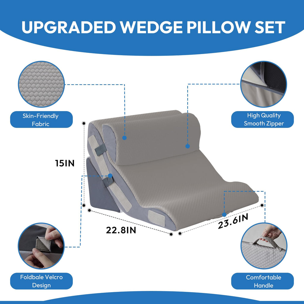 Ahpmeoa 3PCS Wedge Pillow Set for After Surgery, Back Pillow for Bed Sitting up, 10-in-1 Foam Wedge Pillow for Acid Reflux & Back Pain Relief, Post Surgery Pillow for GERD & Snoring, Grey