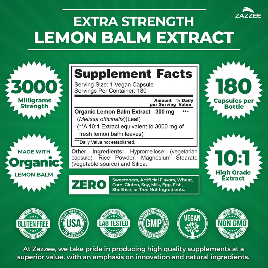 Zazzee Organic Lemon Balm 10:1 Extract, 3000 mg Strength per Capsule, 180 Vegan Capsules, 6 Month Supply, Standardized and Concentrated 10X Extract, 100% Vegetarian, All-Natural and Non-GMO