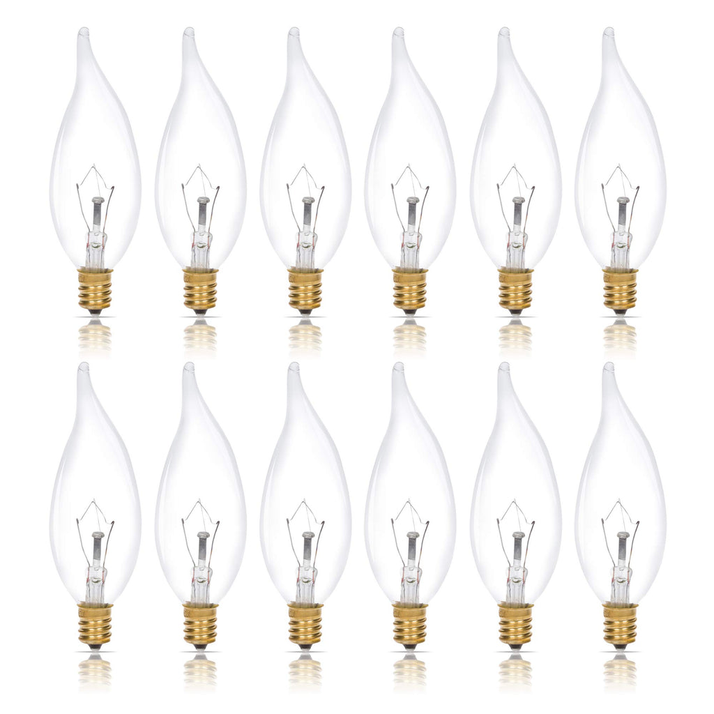 Simba Lighting Candelabra Flame Tip Clear CA10 25W E12 Base (12 Pack) Decorative Incandescent Light Bulbs 120V for Chandeliers, Ceiling Fan Lights, Pendants, Wall Sconces, Dimmable, Warm White 2700K