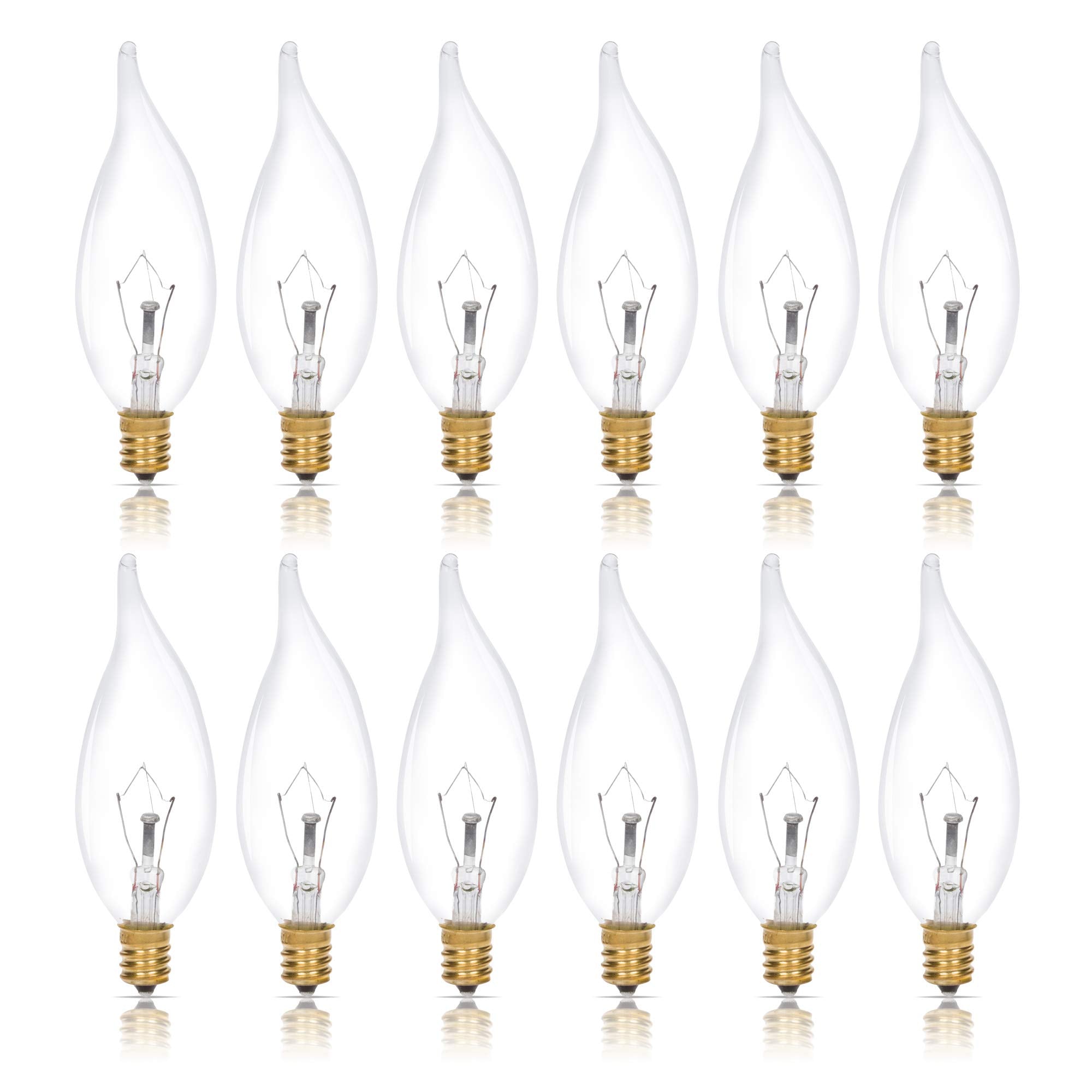 Simba Lighting Candelabra Flame Tip Clear CA10 40W E12 Base 120V, 12 Pack