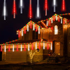 Solar Meteor Shower Lights Outdoor Decorations, Waterproof Christmas Lights Solar Powered, 16 Tubes 384LED Icicle String Light, Snow Cascading Raindrop Light for Tree Party Garden Decor(Red and White)