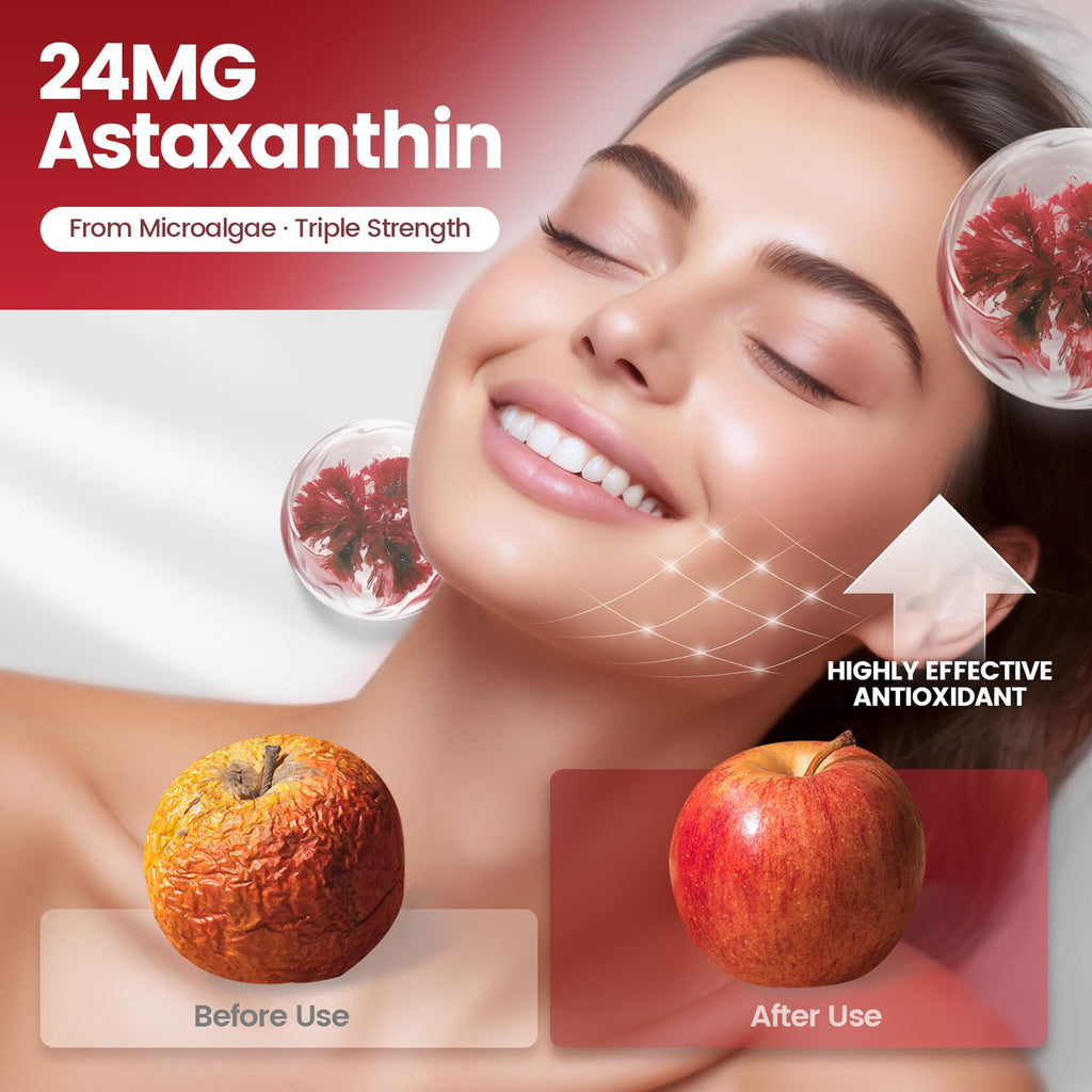 10 in 1 Astaxanthin Supplements 24mg, 4 Month Supply, Astaxantina Antioxidant from Fresh Haematococcus Pluvialis, Contains Lycopene, Grape Seed, Vitamin E, & More Supports Eye, Joints, Skin Health