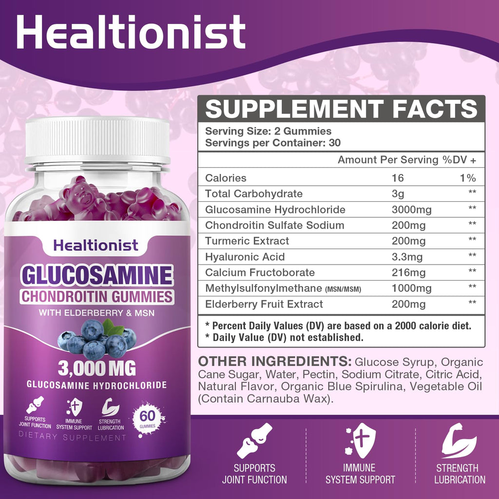 Healtionist 2 Packs 3000mg Glucosamine Chondroitin Gummies with MSM & Elderberry - Extra Strength Joint Health, Flexibility, Antioxidant Immune Support Supplement Gummy for Adults, Men & Women 120 Cts