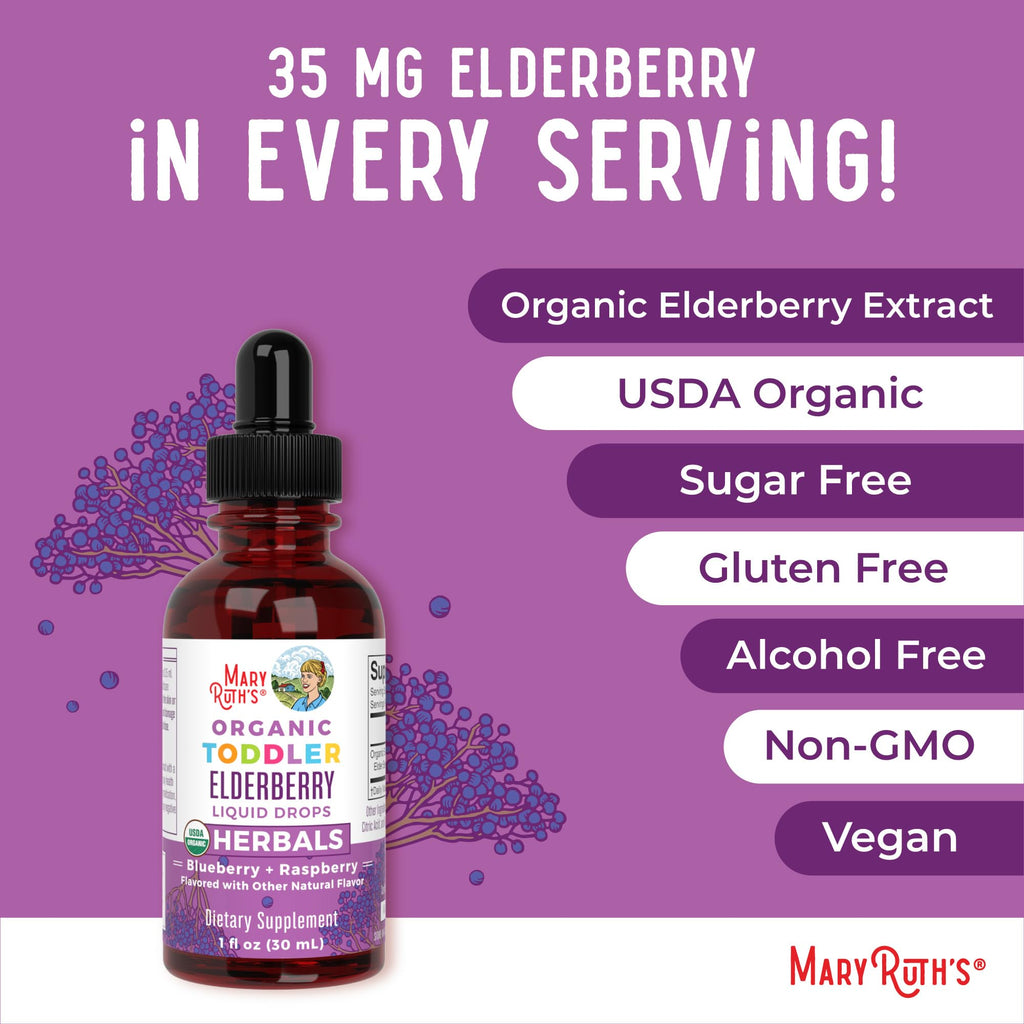 MaryRuth Organics Toddler Elderberry Syrup, USDA Organic Elderberry, Sugar Free Kids Immune Support Supplement for Ages 1-3 Years, Clean Label Project Verified®, Vegan, Non-GMO, Gluten Free, 1 Fl Oz