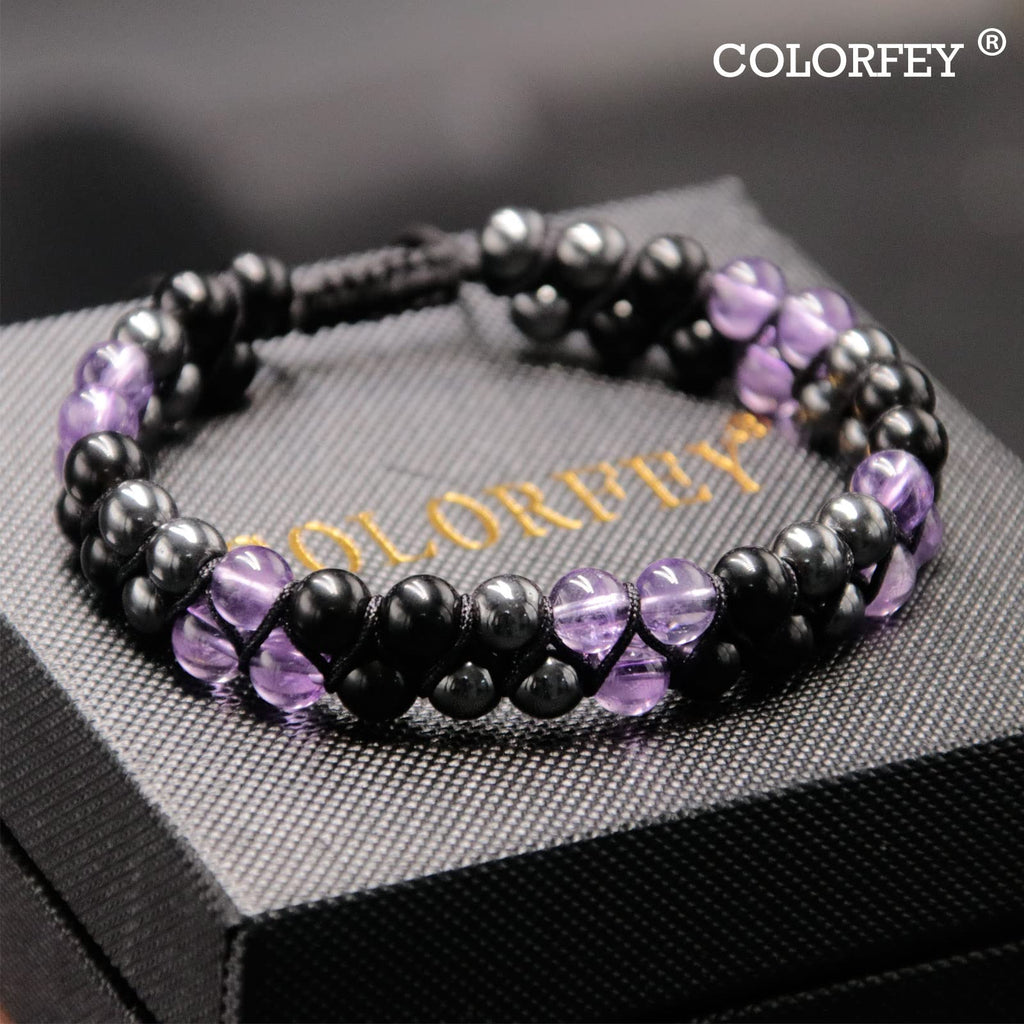 Triple Protection Bracelet for Women, Genuine Healing Crystal Bracelet Amethyst Black Obsidian Hematite 6mm, Pyramid Energy Crystal Beads Bracelets Stone Bracelets for Mom Wife for Protection Balance