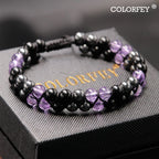 Triple Protection Bracelet for Women, Genuine Healing Crystal Bracelet Amethyst Black Obsidian Hematite 6mm, Pyramid Energy Crystal Beads Bracelets Stone Bracelets for Mom Wife for Protection Balance