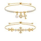 14K Gold Bracelet for Women | Cross Charm, Adjustable Slider-2Pcs