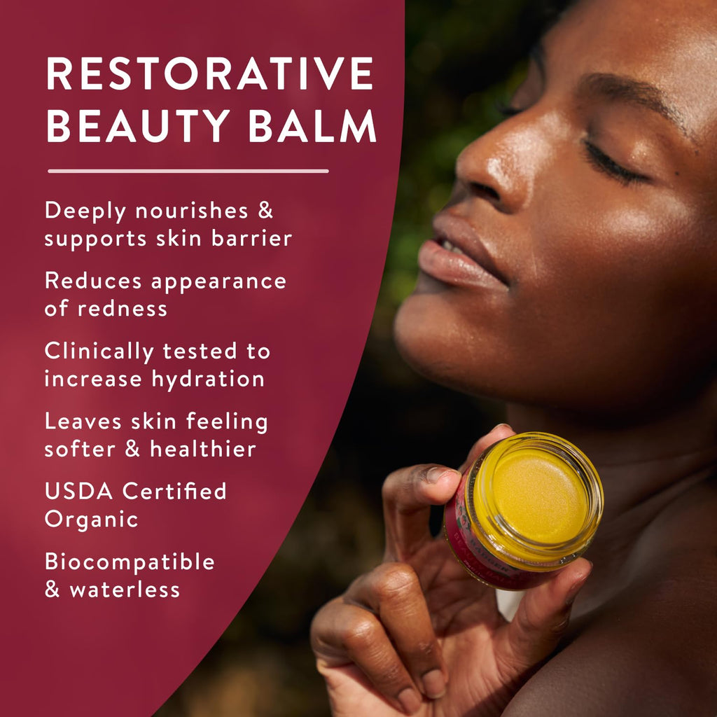 Badger Rose Beauty Balm, 100% Organic Nourishing Treatment For Face, Neck & Hands w/Pure Rose Essential Oil, Intensive Long Lasting Face Moisturizer for Women & Men, 1 oz Glass Jar