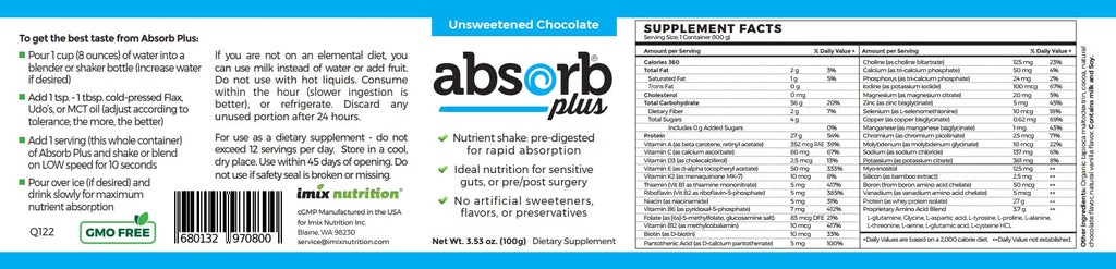 Absorb Plus Isolate Protein - Diet Supplement for Improved Gut Health, Extra Nutritional Support, Non-GMO, Gluten-Free, Lactose-Free, Casein-Free (100 g, Unsweetened Chocolate)