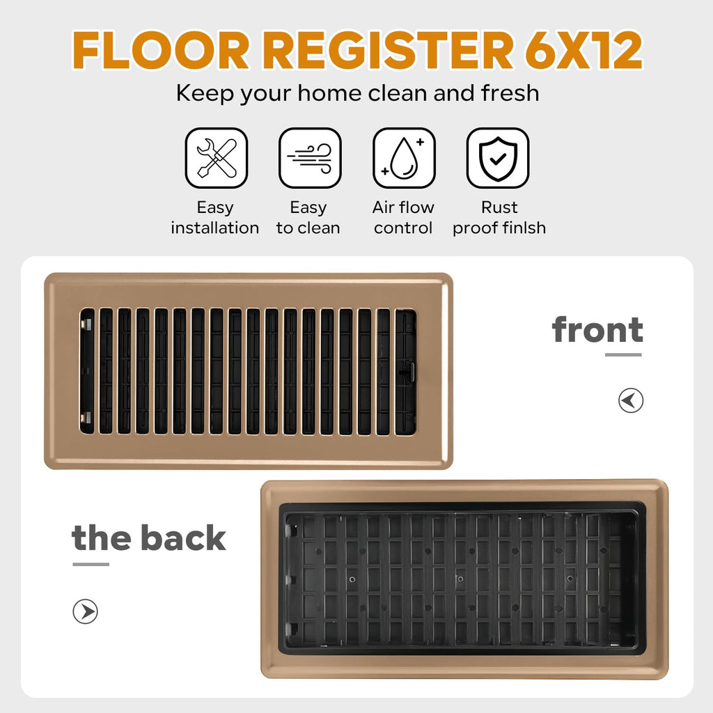 6x12 Floor Register, Floor Vent Covers for Home Floor Heavy Duty Steel Walkable Floor Vents Air Vent Covers for Sidewall and Floor, Floor Registers Brown 4 Pack