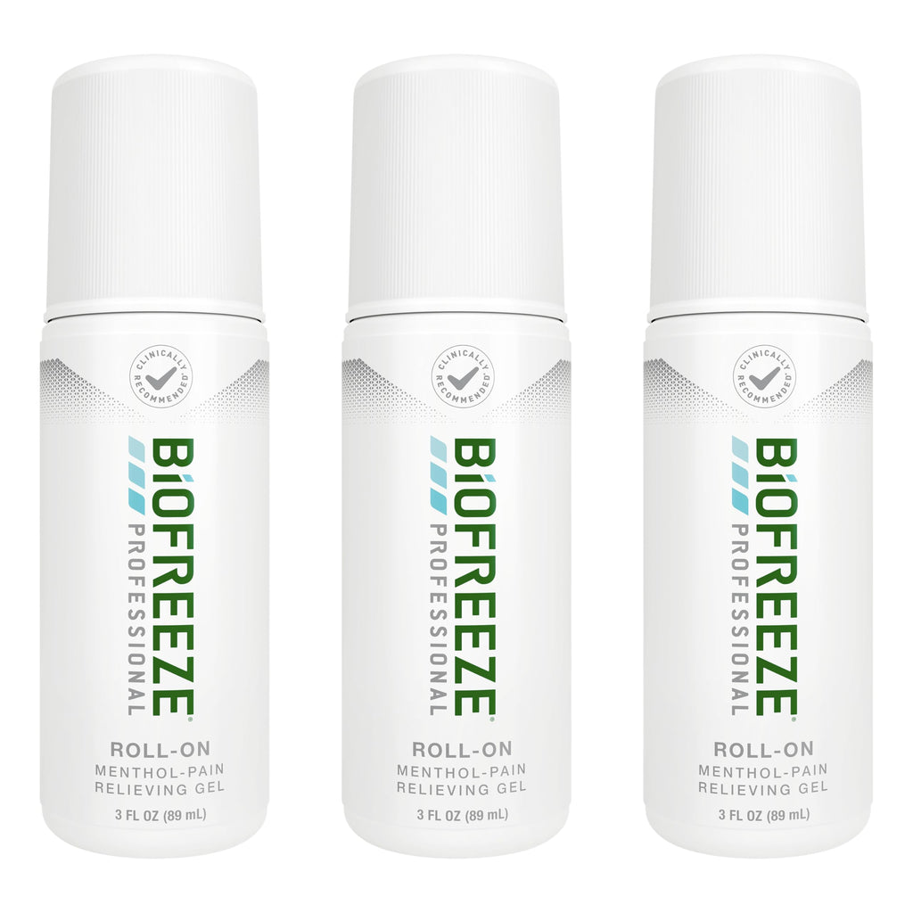 Biofreeze Professional Pain Relief Roll On, Travel Size Arthritis Discomfort Reliever, Fast Acting & Long Lasting Formula, Cooling Menthol Gel 3 Fl Oz (Pack of 3)