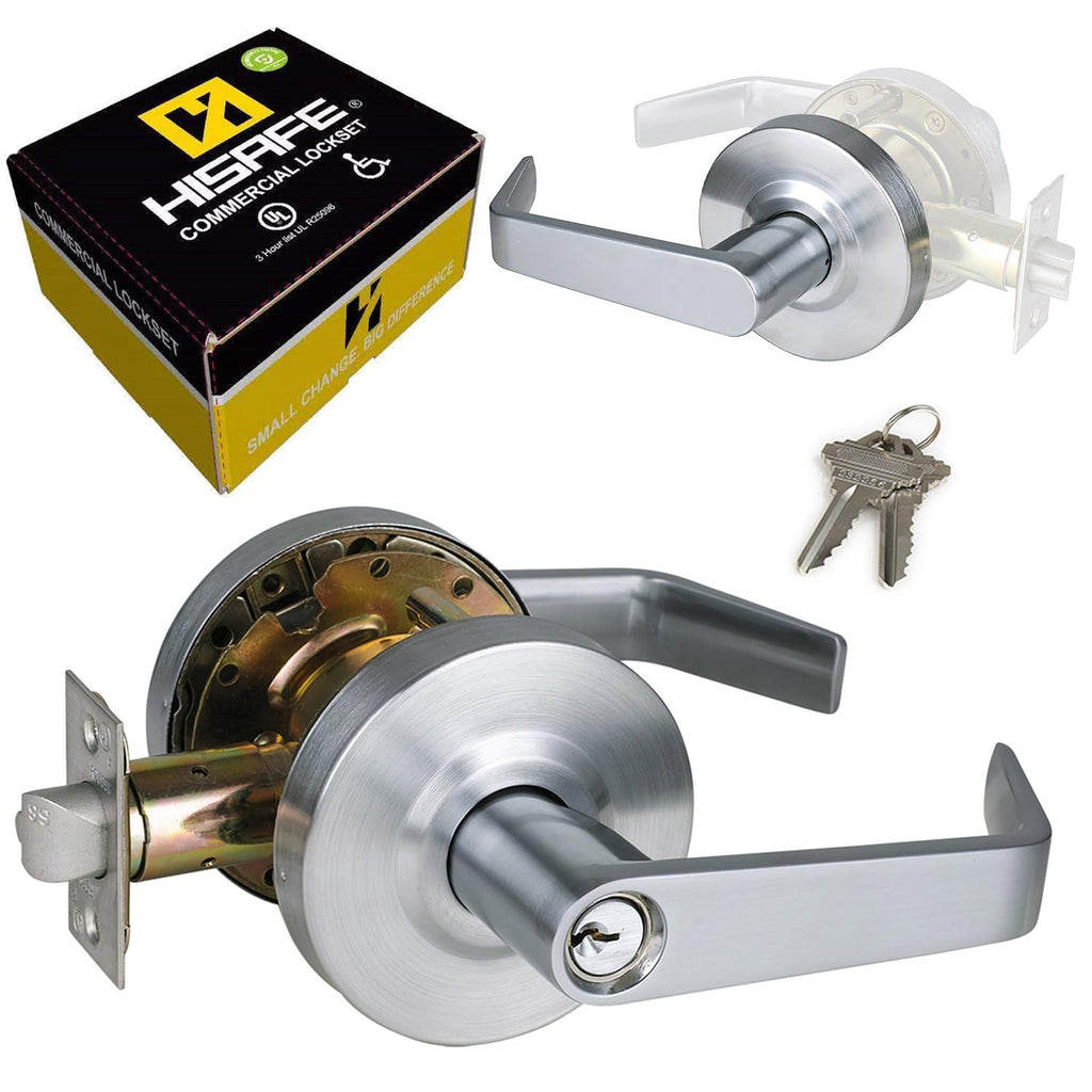 HISAFE Storeroom Door Handle Heavy Duty Grade 2 Commercial Door Locks, Non-Handed, UL 3 Hour Fire Rated, ADA Compliant, Satin Chrome Finish 26D, 2-3/4''Backset, X-XG-ST-70