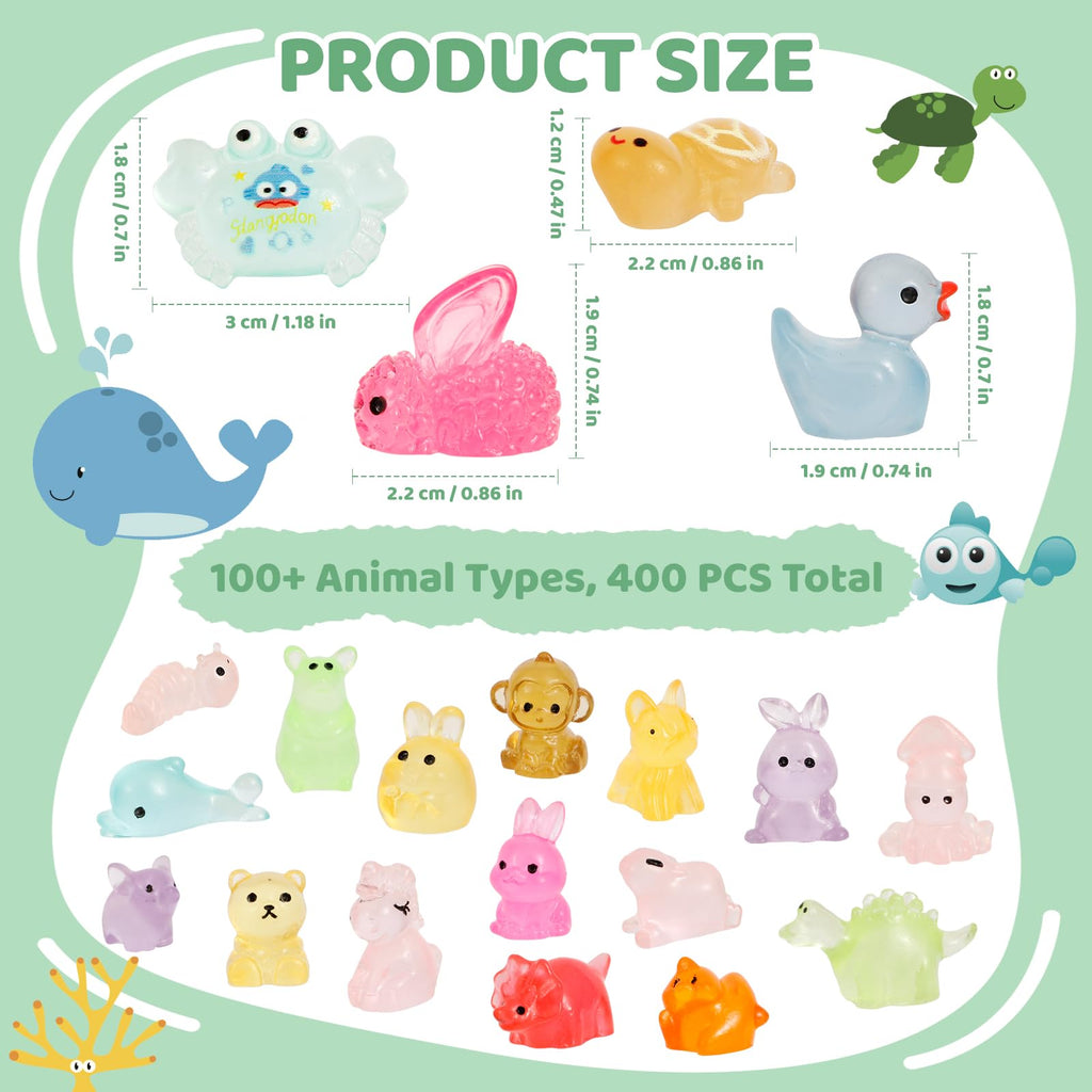 Gucoqe 400PCS Mini Resin Animals, 100+ Styles Glow in the Dark Tiny Animal Figurines Bulk for Fairy Garden, Aquarium, Micro Landscape and DIY Craft Decor