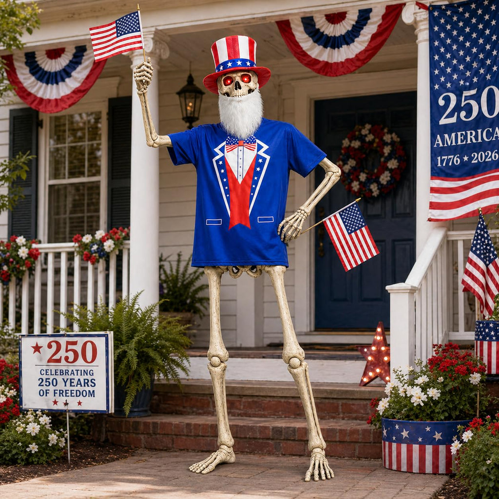 JcHrmers 12 ft Skeleton Patriotic Outfits 4th of July Skeleton Tuxedo T-Shirt Clothes with Hat Flags Beard Funny Giant Skull Clothing for Independence Day Summer Holiday Outdoor Decor