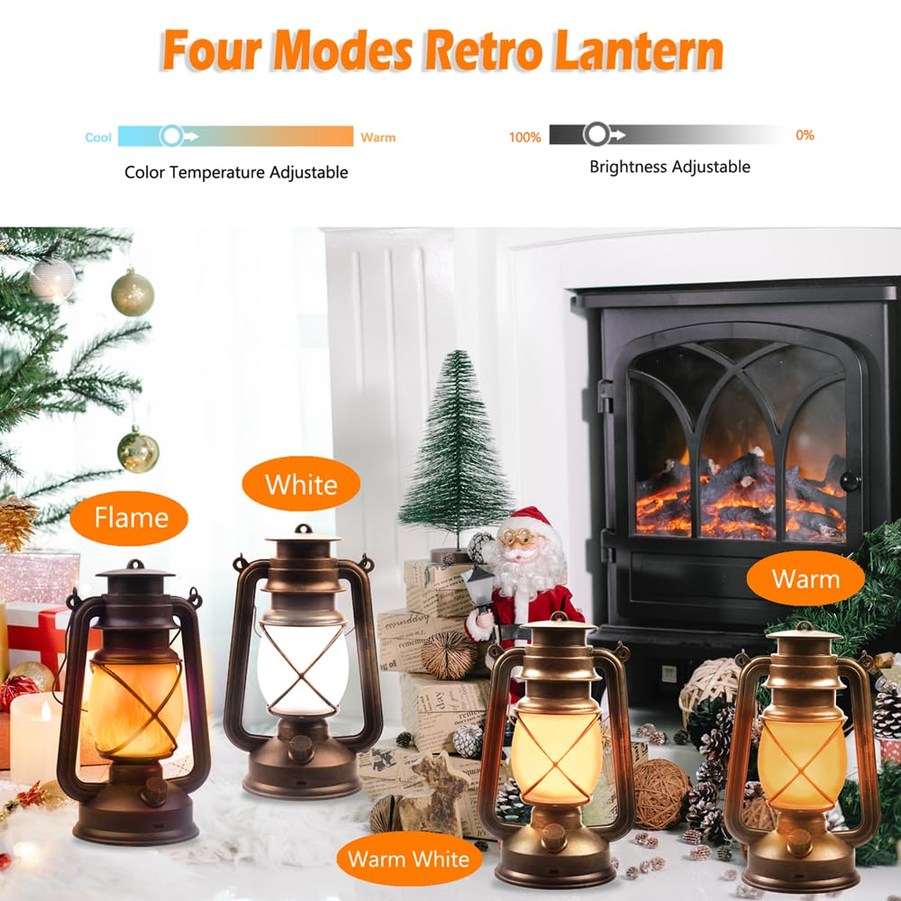 Lantern LED Battery Powered Camping Lamp Outdoor Hanging Rechargeable Lantern Flickering Flame Retro Lanterns Remote Control 4 Modes Light Non-Solar 2 Pack