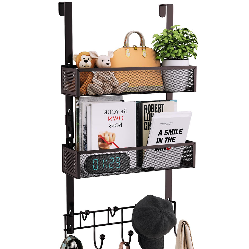 Consumest Over The Door Hooks Organizer - 3 Tier Door Hanger with 9 Coat Hooks & 2 Mesh Basket, Back Storage Organizer Hanging Towels for Bathroom, Bedroom, Bronze