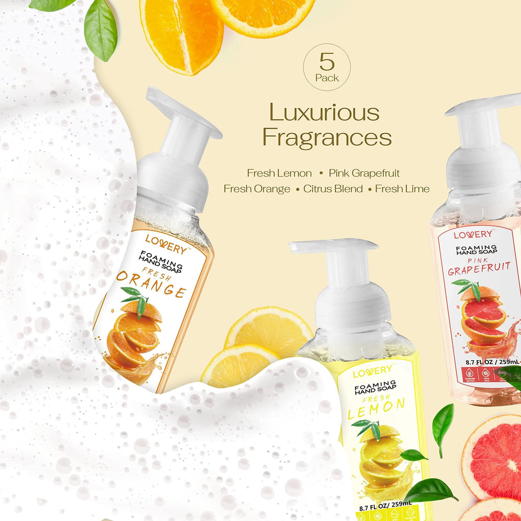 Foaming Hand Soap Pump - 5-PK - Moisturizing Hand Soap Foam with Aloe Vera & Essential Oils - Alcohol-Free Hand Wash in Citrus Blend, Lemon, Orange, Lime, Grapefruit Fragrances for Kitchen & Bathroom