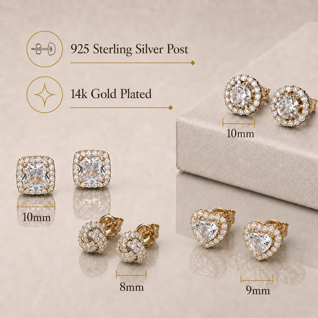 Sterling Silver 14K Gold Plated Celtic Heart Stud Earrings Set for Women