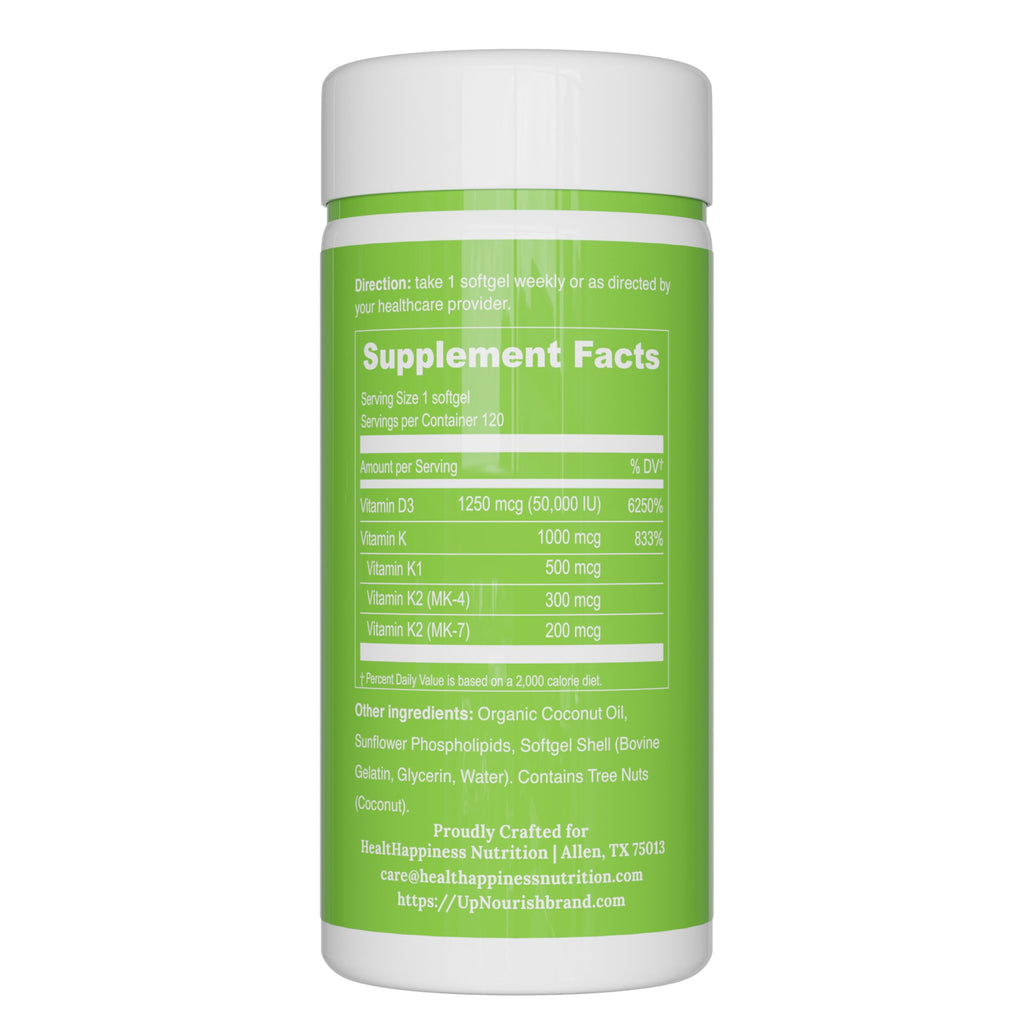 UpNourish Liposomal Vitamin D3 50000 IU (Vitamina D3 de 50000) with 1000 mcg Vitamin K, High Dose Vitamin D3 K2, Vitamin D 50000 IU with K1, K2 MK-4 and MK-7, 120 Mini Softgels