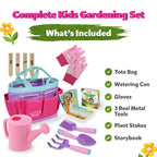 Pink Kids Gardening Tools - Includes Sturdy Tote Bag, Watering Can, Gloves, Shovels, Garden Stakes, and a Delightful Children's Book How to Garden Tale - Kids Garden Tool Set for Toddler Age on up.