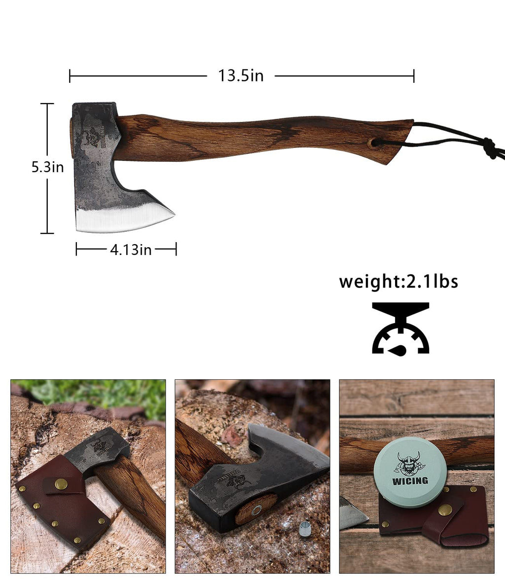 WICING 13.5 Inch Hatchet, Camping Axes and Hatchets 1065 Carbon Steel and Beech Handle, with Leather Sheath