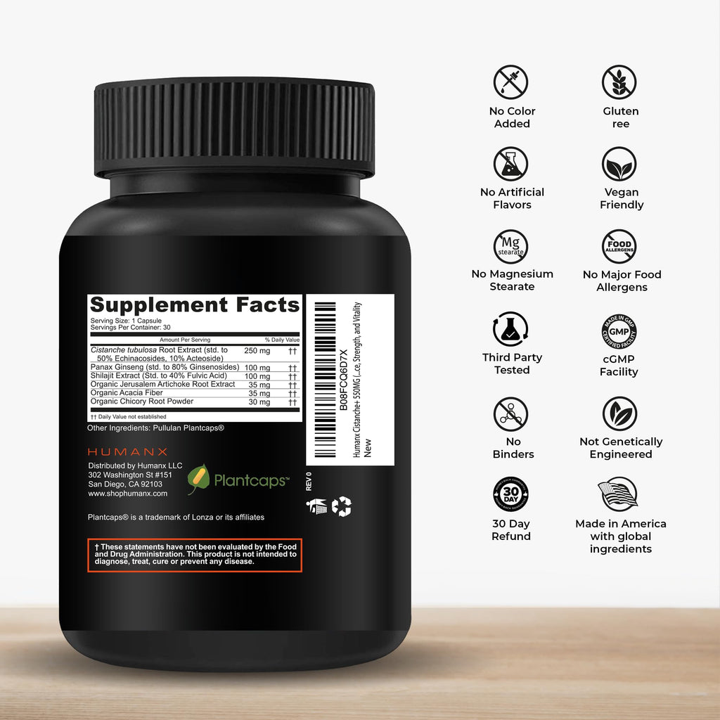 Humanx Cistanche+ 550MG (Cistanche Tubulosa Extract Powder for Men) USA Made - Easy to Swallow Capsules - Powerful Supplement to Support Athletic Performance, Strength, & Vitality