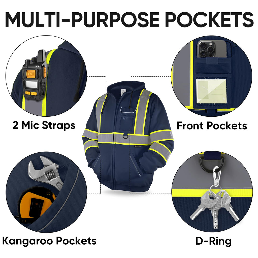 TICONN High Visibility Safety Sweatshirt Hoodie, Reflective Hi-Vis ANSI Class 3 Fleece Zippered Hooded Jacket for men and women (Navy, 3XL)