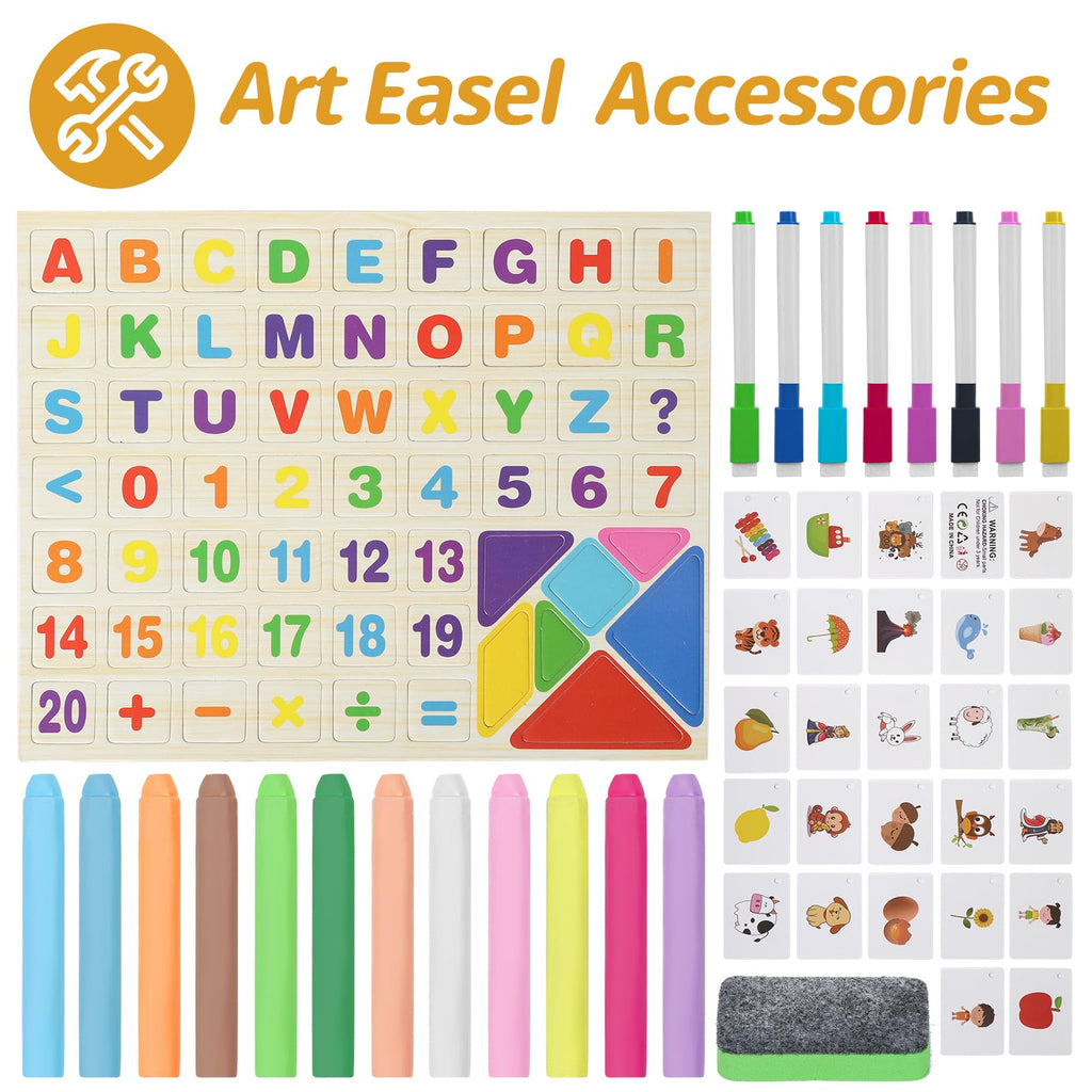 Tabletop Painting Wooden Art Easel for Kids - 4-in-1 Double-Sided Drawing Board for Toddlers 2-4, Chalkboard & Dry Whiteboard with Markers, Eraser, Magnetic Letters/Numbers & Flashcards