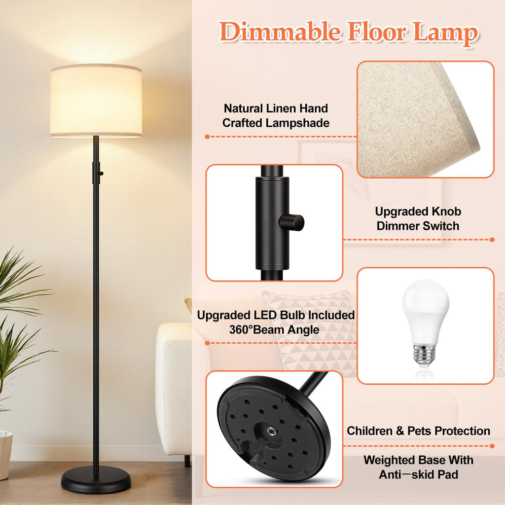 【Upgraded】 Dimmable Floor Lamp for Living Room,1000 Lumens Bulb Included, Modern Floor Lamps Simple Design with Linen Shade, Tall Standing Lamp for Bedroom Office Dining Room, Black Pole Lamp