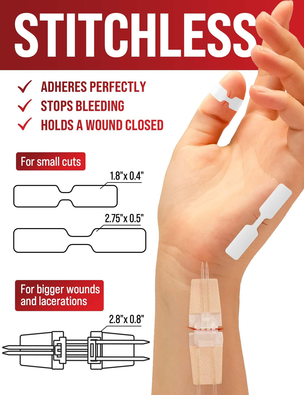 Emergency Wound Closure Strip - Laceration Closure Kit - Stitchless & Easy to Use - Butterfly Bandage