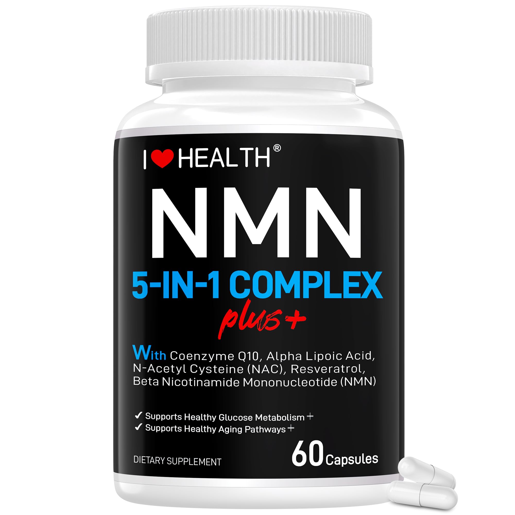 I LOVE HEALTH NMN Complex Plus+ for Women & Men with NAC, Alpha Lipoic Acid, CoQ10 & Resveratrol – 5-in-1 Cellular Energy & Healthy Aging Support – 60 Capsules, Non-GMO, Made in USA