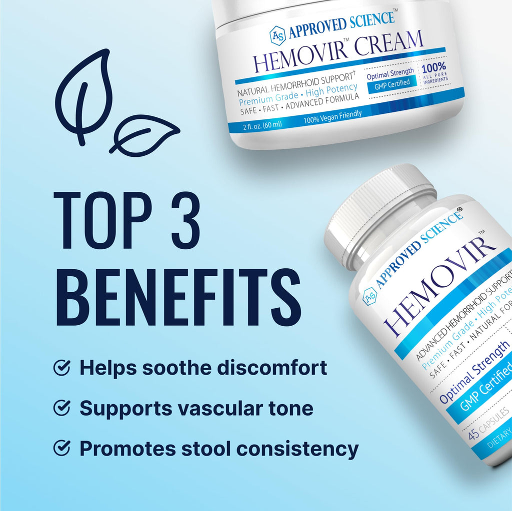 Approved Science Hemovir - Hemorrhoid Capsules and Cream - Dual-Action Stops Itching and Optimizes Blood Flow - Internal and External Care - 45 Capsules + 2 Fl Oz - Vegan - Non GMO - Made in The USA