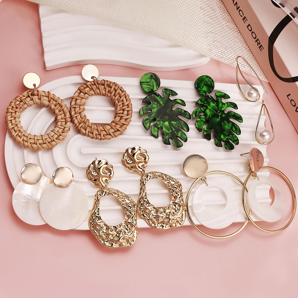 12 Pairs Acrylic Rose Petal Earrings Boho Rattan Earrings Tassel Dangle Earrings for Women Jewelry Set﻿ (Style2)