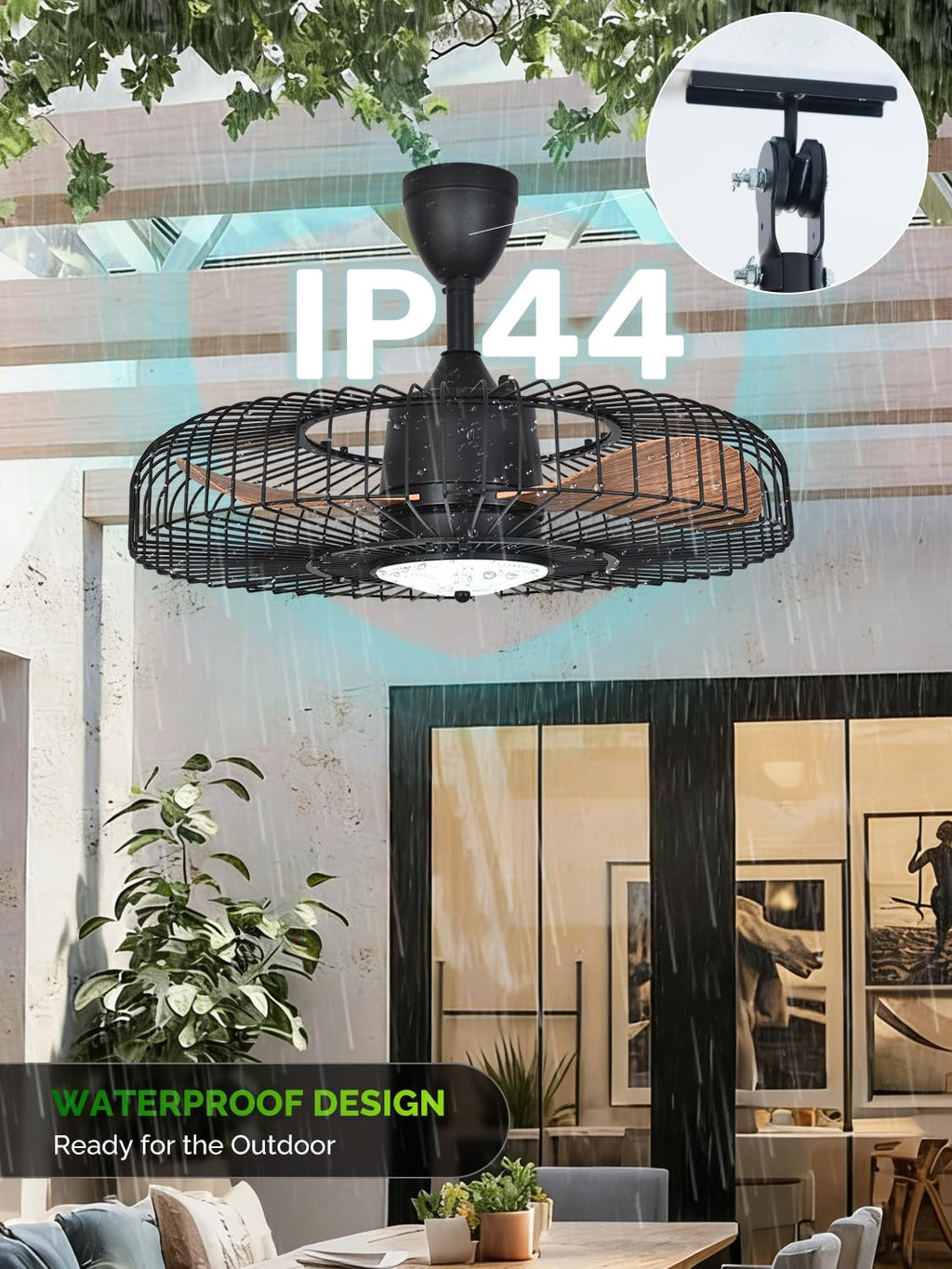 Orison Outdoor Ceiling Fans with Lights for Patio, 24" Weatherproof Ceiling Fan, Gazebo Fan Remote & APP Control, 3CCT Dimmable,Caged Plug in Ceiling Fan with Hanging Hook for Pergola Porch Canopy