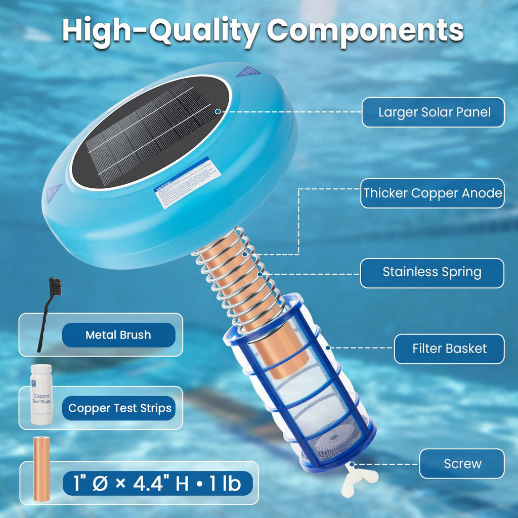 Solar Pool Ionizer – Durable Copper Anode & Oversized Solar Panel for Pools Up to 45,000 Gallons, Maintain Water Clarity with Minimal Maintenance