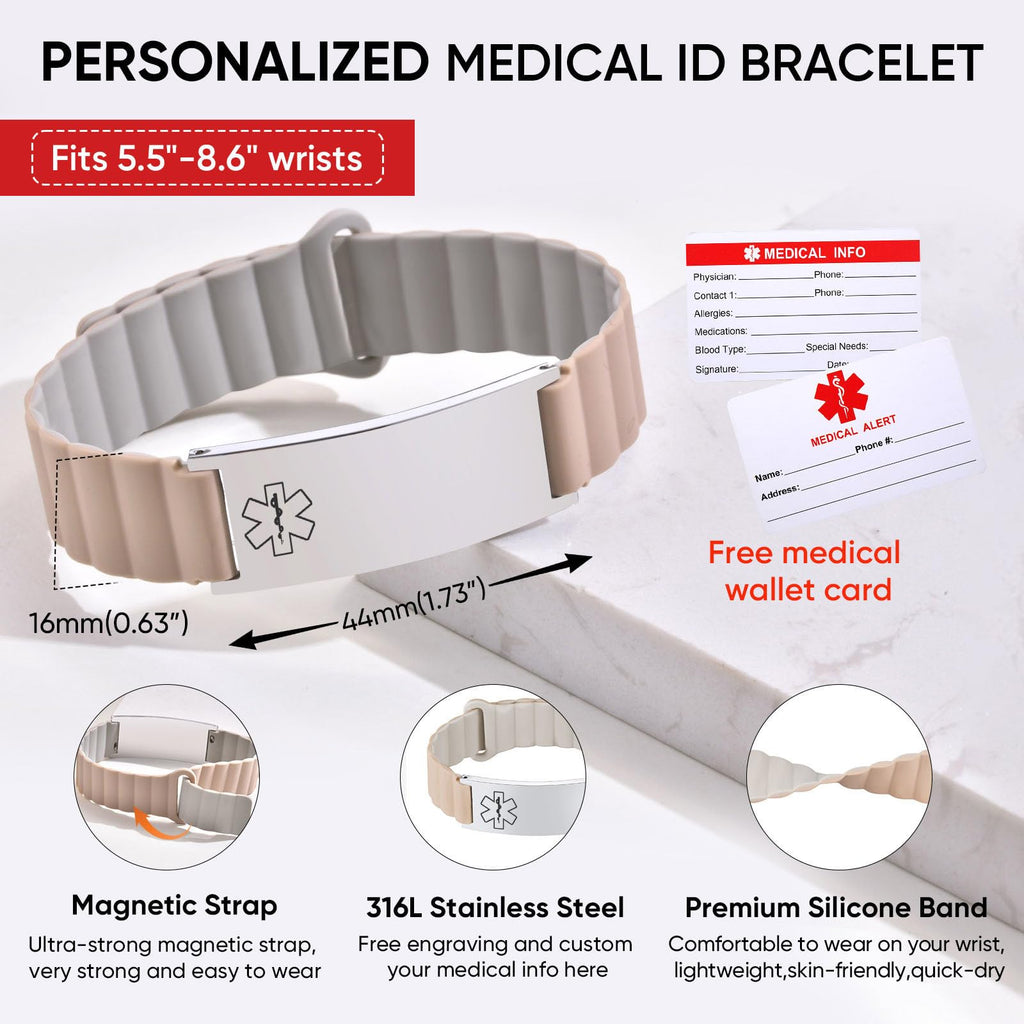 MEALGUET Comfortable Medical ID Bracelet for Men & Women - Custom Engraved Silicone Strap Comfort Medical Alert Bracelets for Sports,Adjustable Waterproof Customizable ID Wristband,White blue