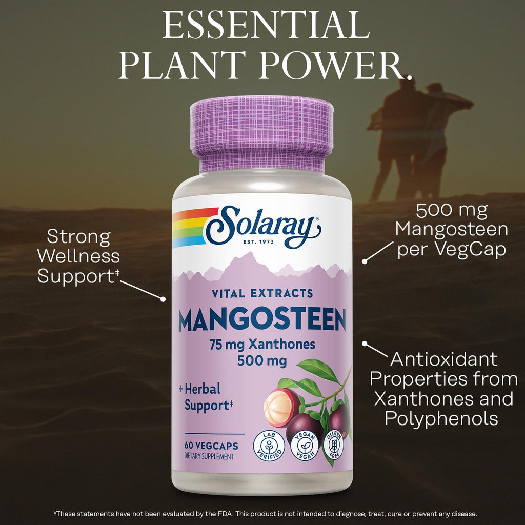 SOLARAY Vital Extracts Mangosteen 500mg - Herbal Supplements for Wellness Support - Mangosteen Fruit Extract with 75mg Xanthones, 100mg Polyphenols - Vegan, Gluten Free, 60-Day Guarantee - 60 Servings