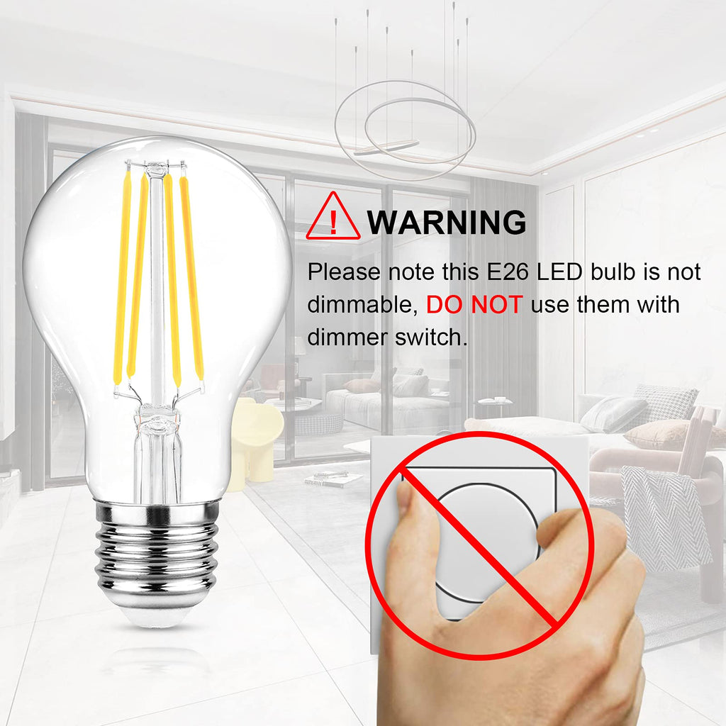 Ascher 60 Watt Equivalent, E26 LED Filament Light Bulbs, Daylight White 4000K, Non-Dimmable, Classic Clear Glass, A19 LED Light Bulb with 80 CRI, Pack of 6