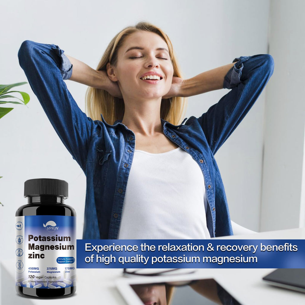 Potassium Magnesium Supplement 1000mg, Magnesium Potassium Zinc Aspartate Support Vascular, Bone, Heart, Muscle & Nerve Health, Non-GMO, Vegan, (120 Capsules)